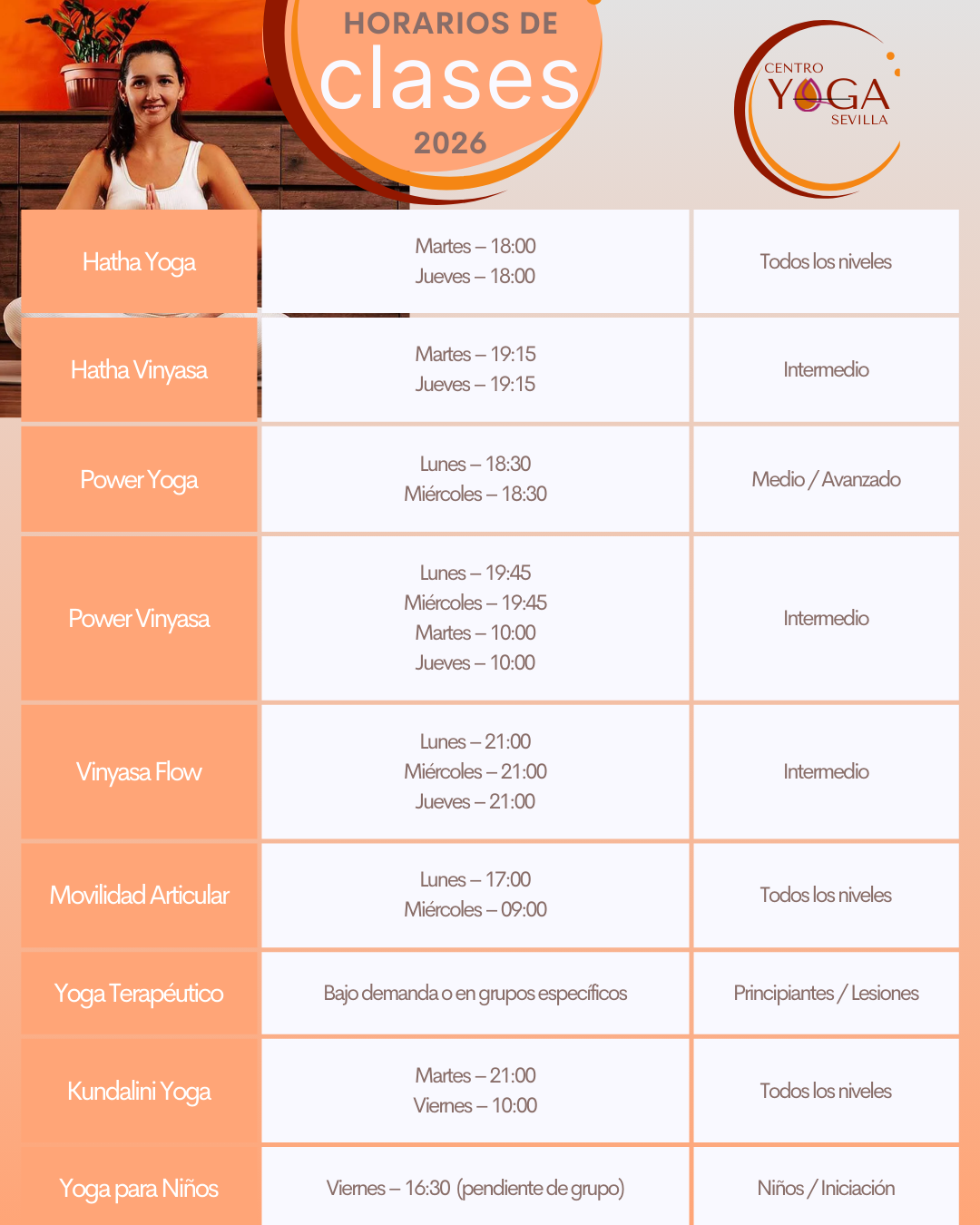 Horario de clases 2026 Centro Yoga Magneticslozs